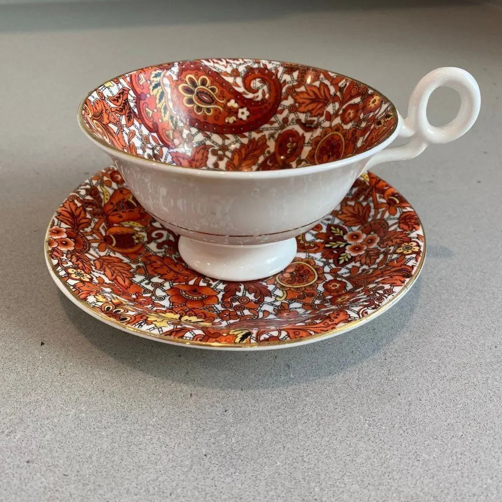 Vintage Radford Orange Paisley Bone China Teacup & Saucer Set England 1938–1957